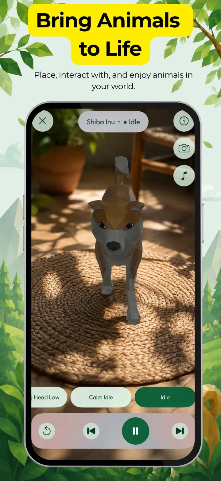 A Shiba Inu placed in augmented reality on a real rug, with animation controls