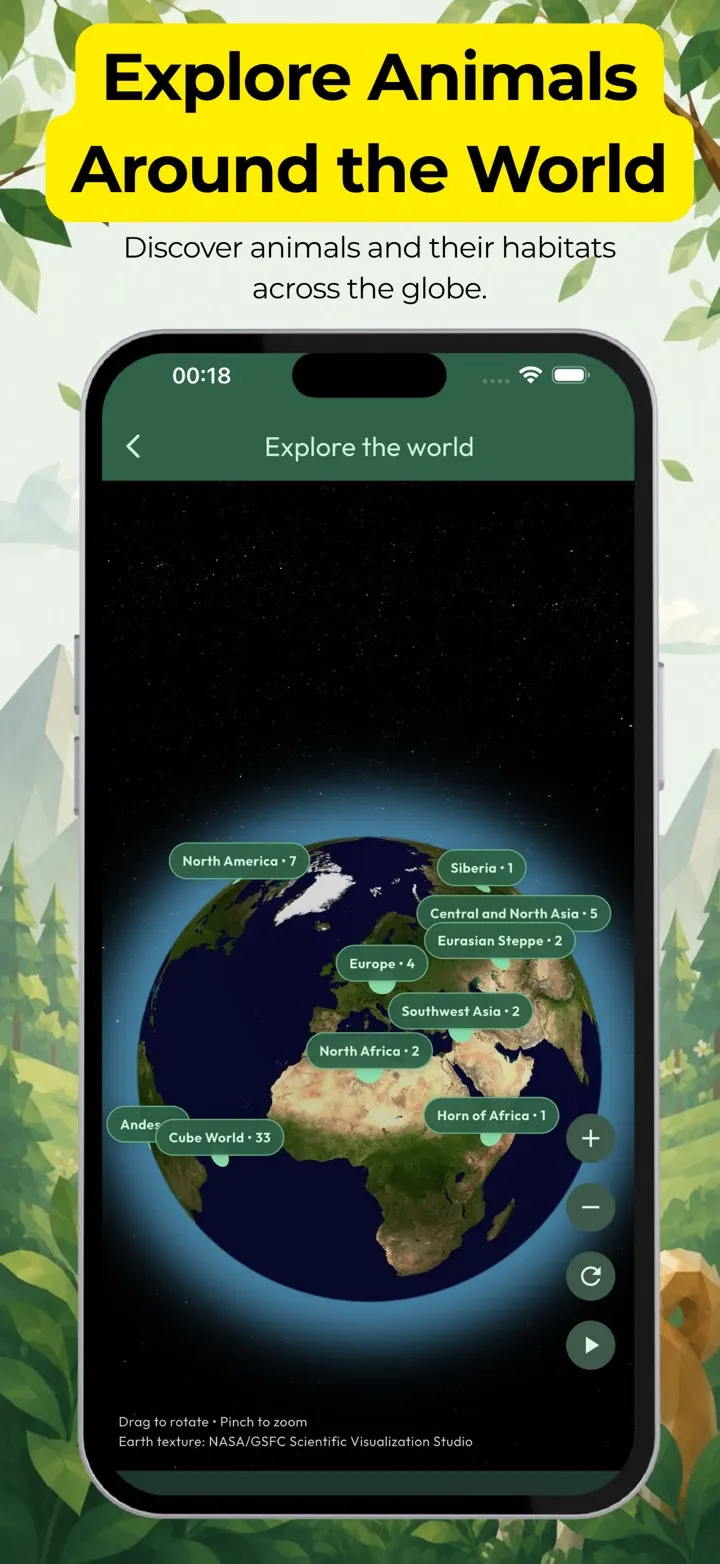 An interactive globe showing which regions each animal comes from