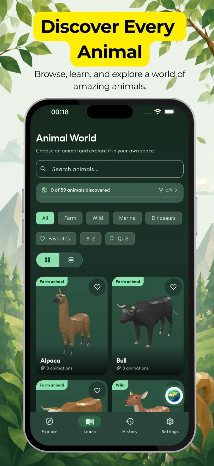 The animal catalog with filters for farm, wild, marine and dinosaurs