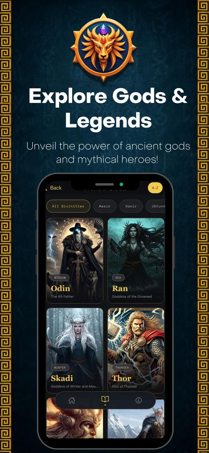 A grid of Norse gods including Odin, Ran, Skadi and Thor