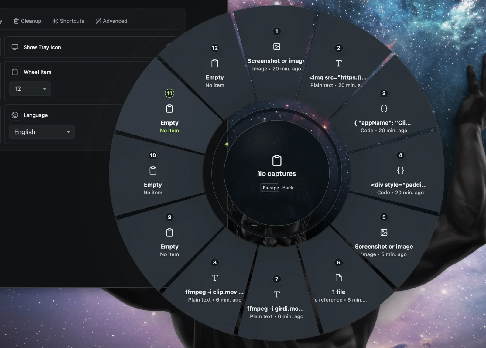 ClipWheel settings for customising the wheel items and slice count