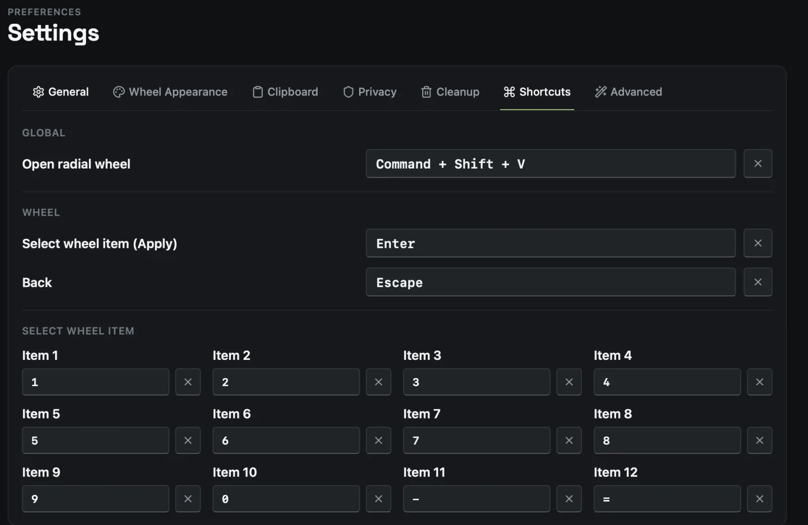 ClipWheel keyboard shortcut settings