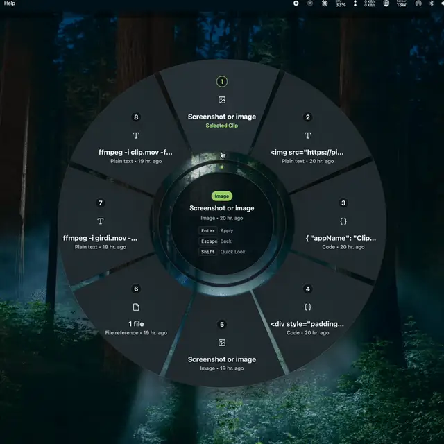 The ClipWheel radial wheel open over a desktop, with eight slices of recent copies around a centre preview
