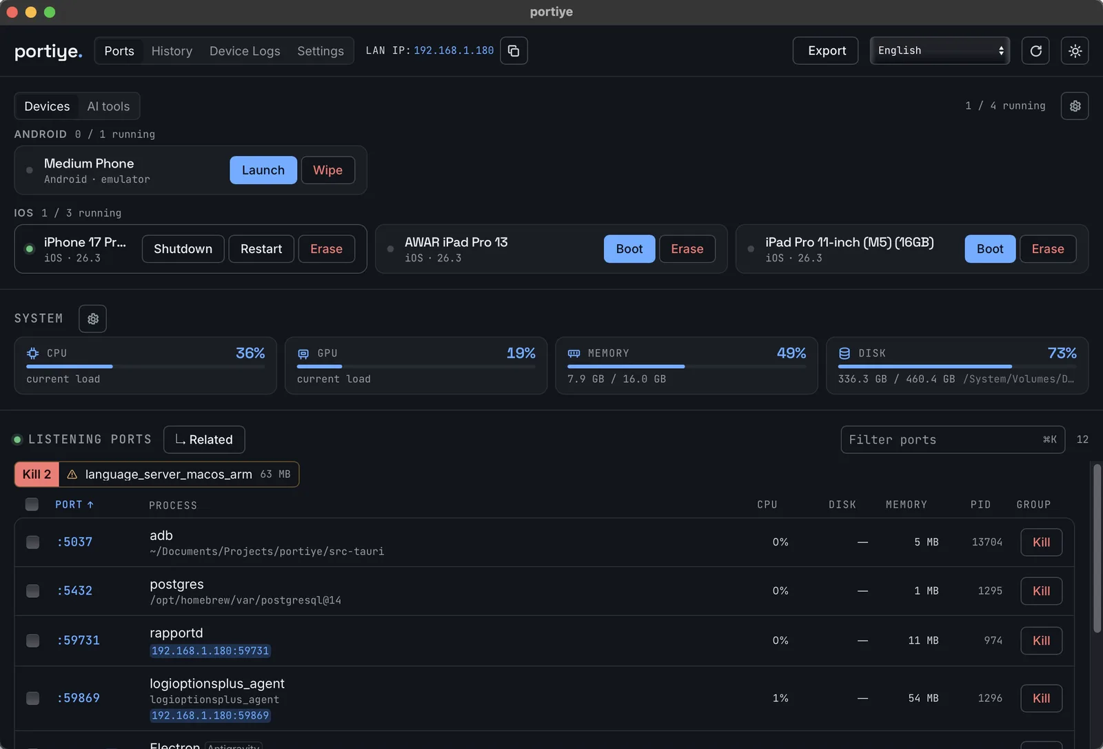 portiye in dark mode: listening ports with the process and project directory behind each one