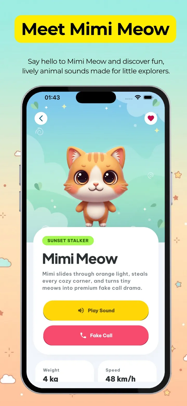 Mimi Meow's character card with Play Sound and Fake Call buttons