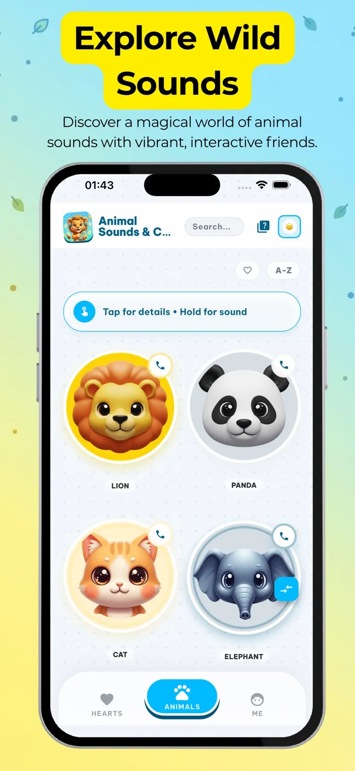 The animal grid with a lion, a panda, a cat and an elephant
