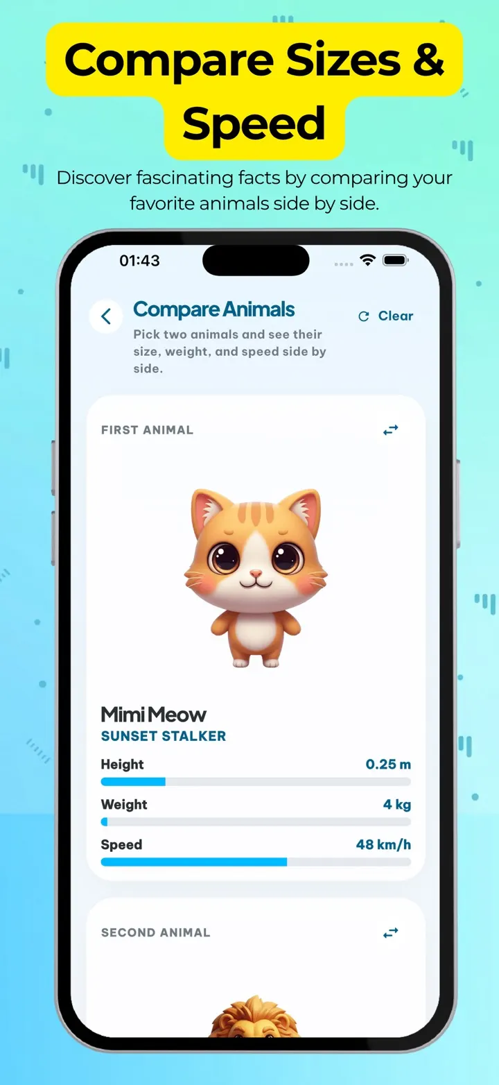 Comparing two animals' height, weight and speed side by side