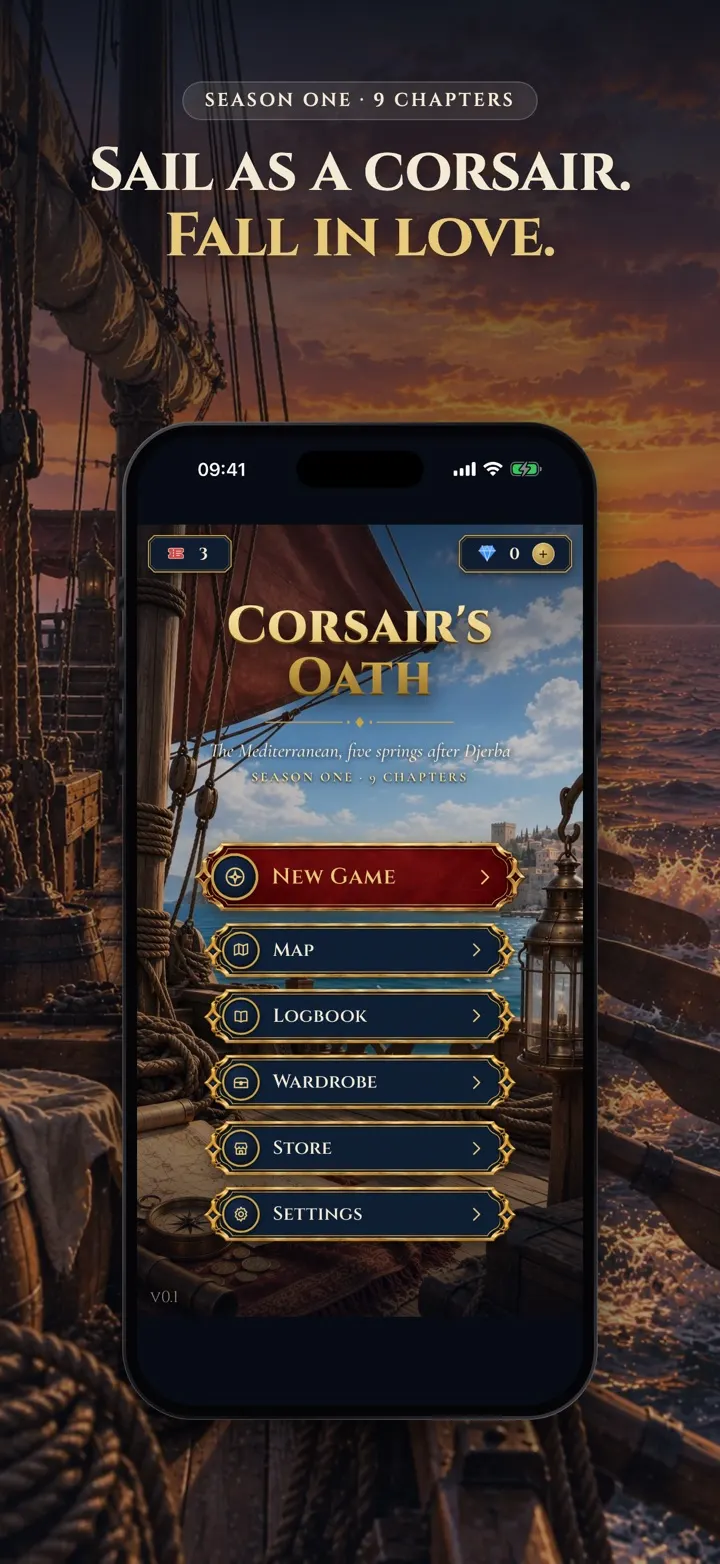 Corsair's Oath title screen on a galley deck at sunset, with New Game, Map, Logbook, Wardrobe and Store