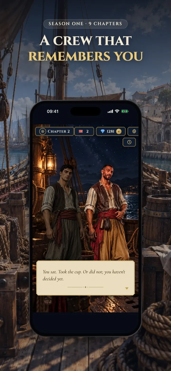 Two crew members on deck in a story scene, with a line of dialogue waiting for your answer
