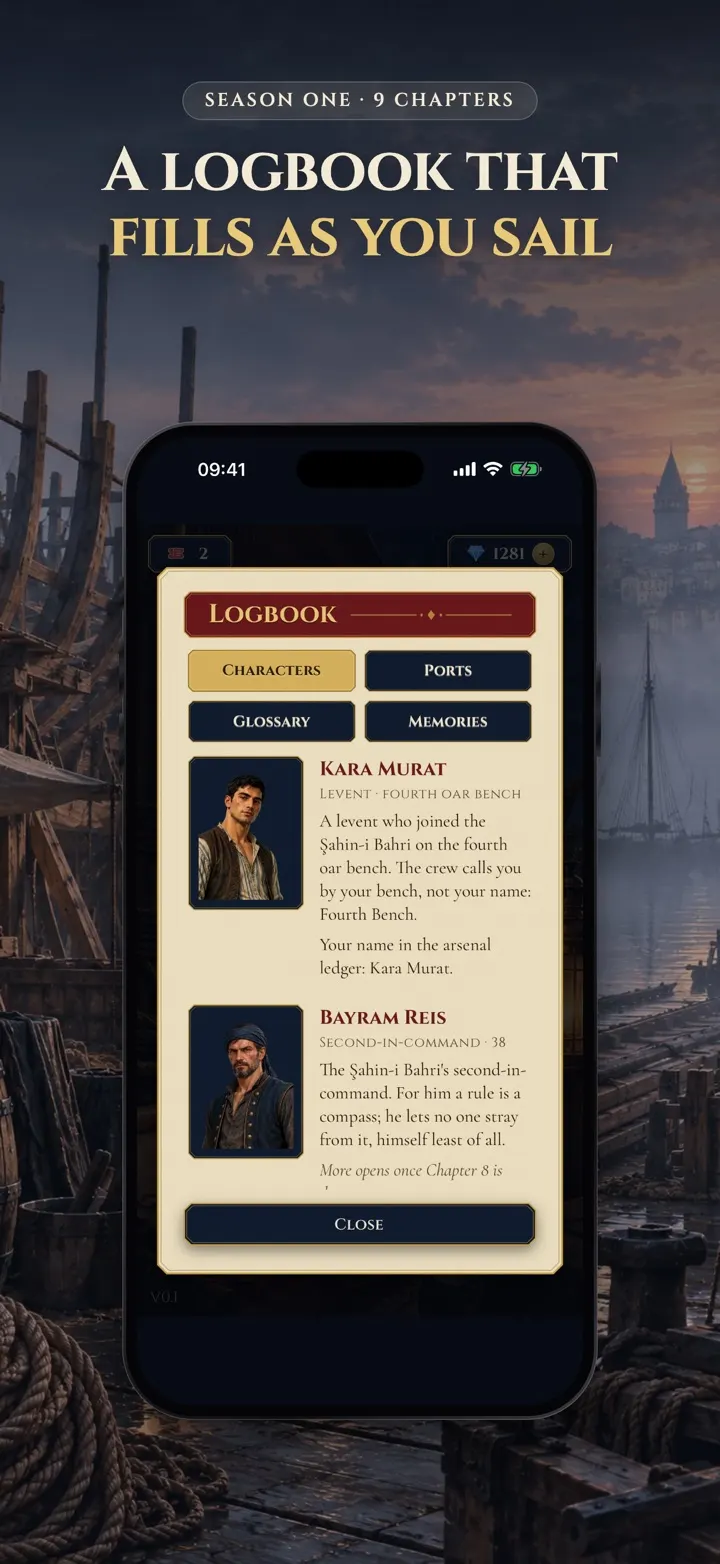 The logbook listing characters like Kara Murat and Bayram Reis with their backstories