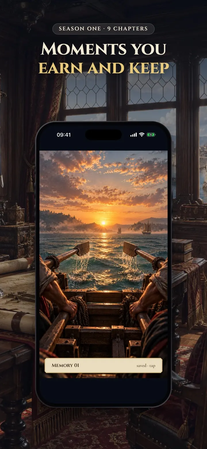A memory card showing a galley's oars in the water at sunset
