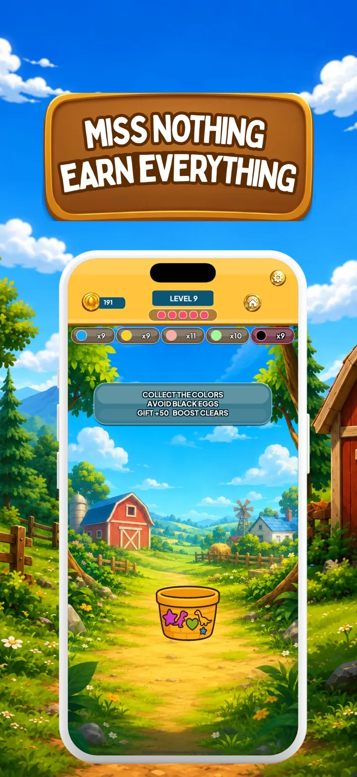 A level in progress on a farm, with colour goals at the top and the basket at the bottom