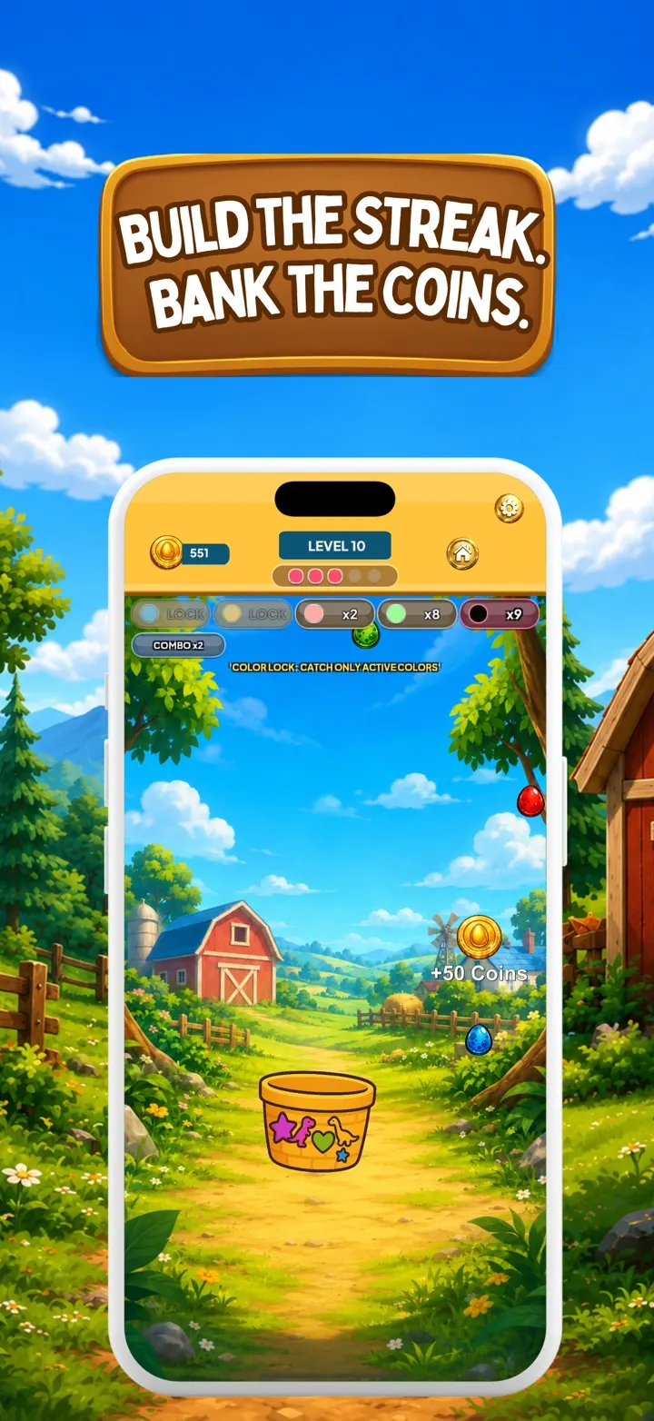 A combo streak paying out +50 coins as coloured eggs fall toward the basket