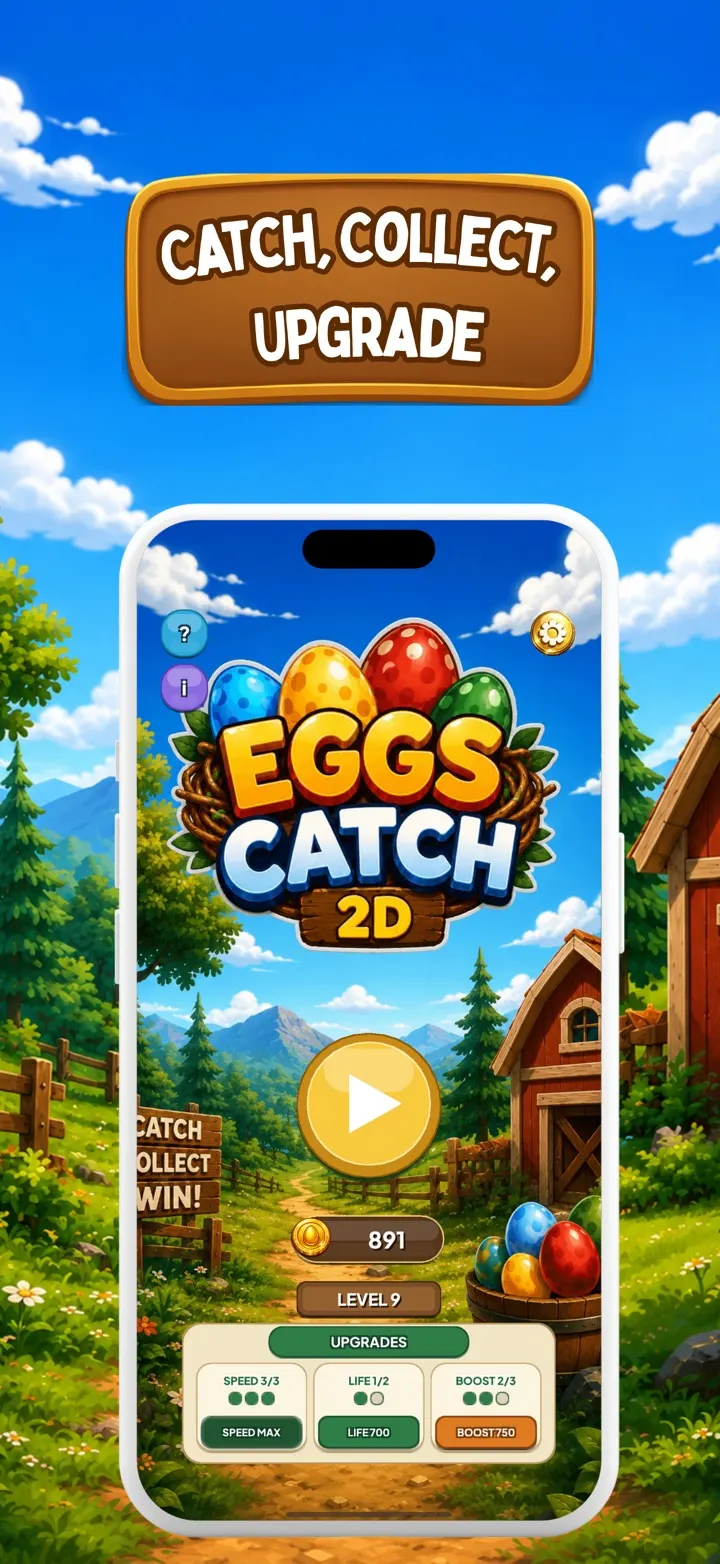 The Eggs Catch 2D home screen with the play button and the Speed, Life and Boost upgrades