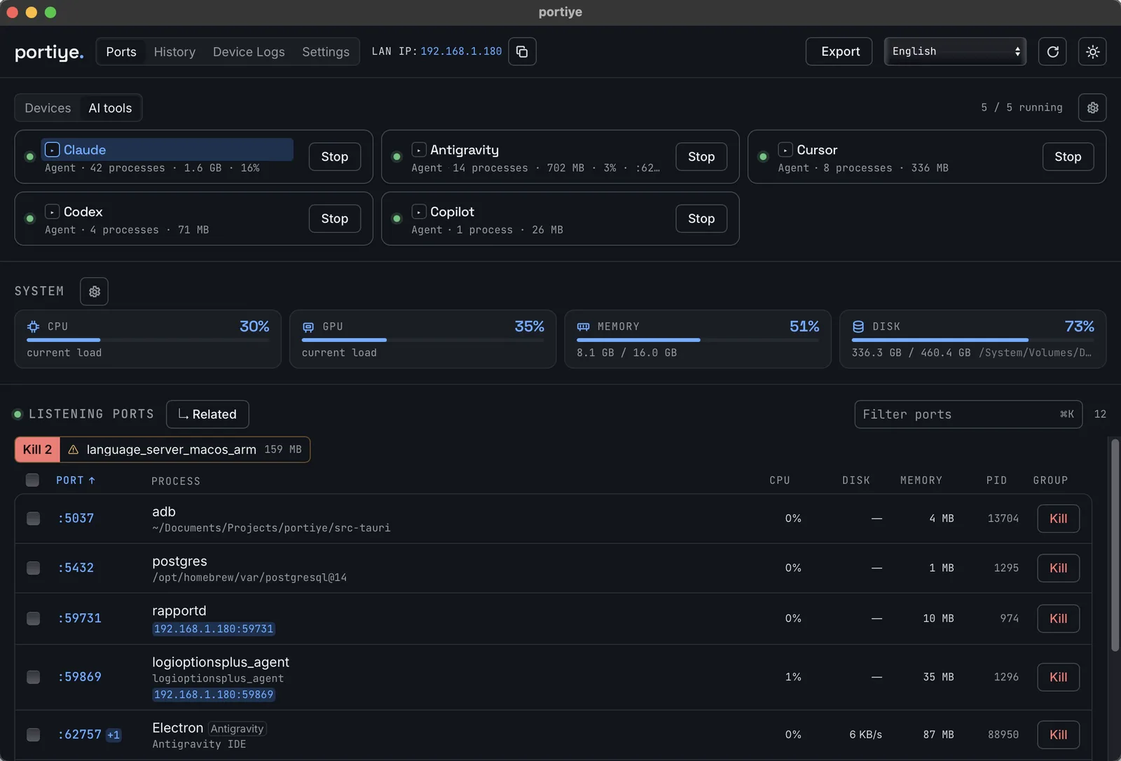 The portiye AI tools tab: Claude, Antigravity, Cursor, Codex and Copilot, each with process count, memory and a Stop button
