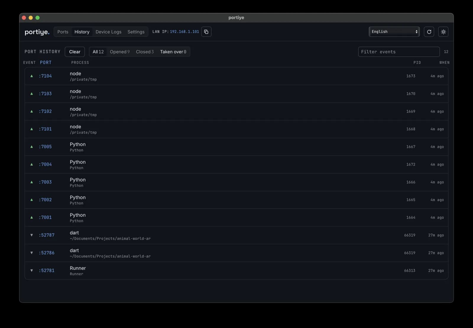 The portiye History tab: ports opening and closing over time, filterable by event