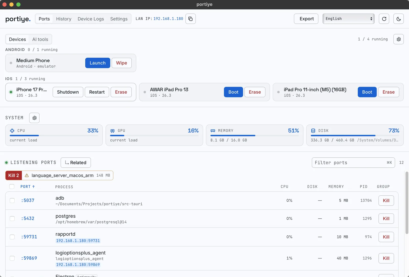 The portiye Ports tab in light mode: devices strip, system gauges and every listening port with the process and project behind it