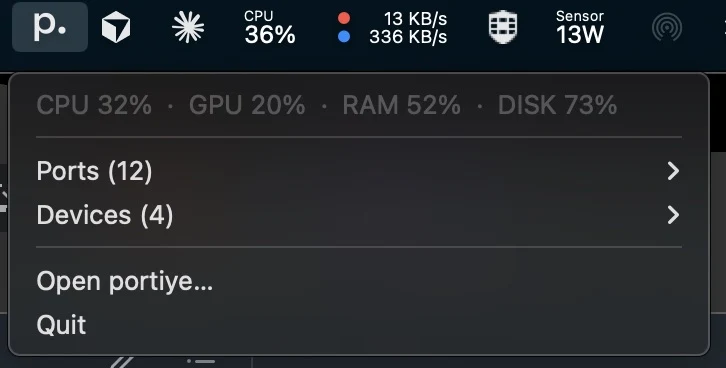 The portiye menu bar menu: a one-line CPU, GPU, RAM and disk readout above the ports and devices submenus